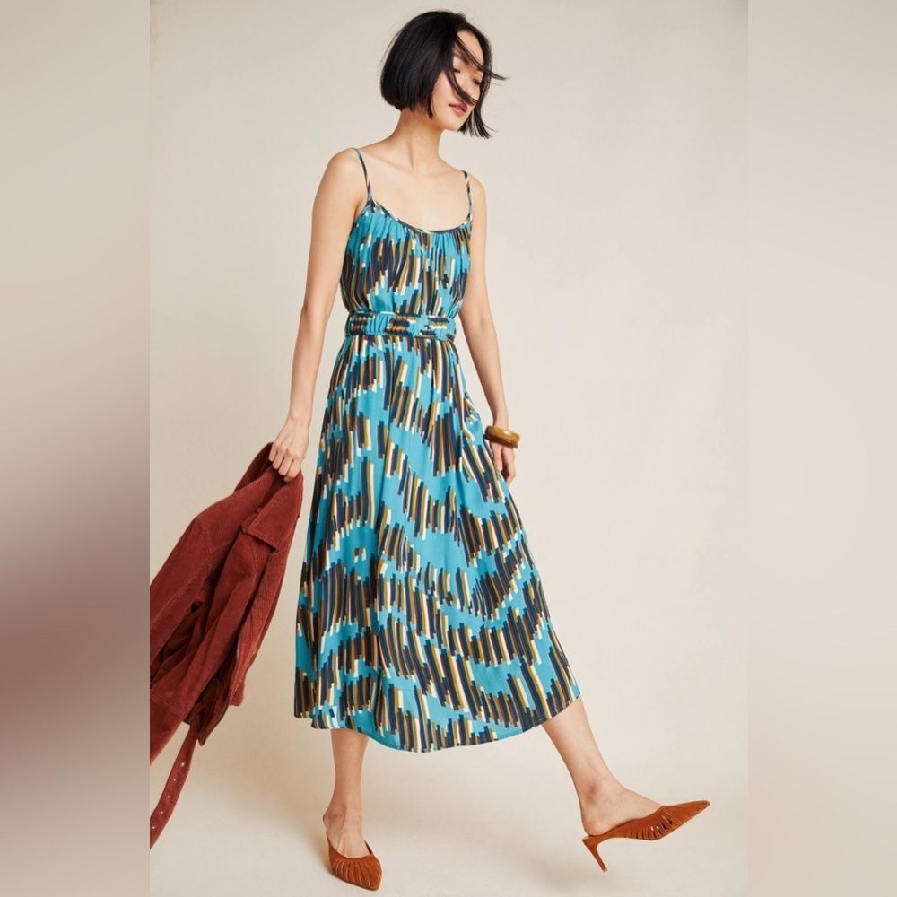 Anthropologie Corey Lynn Calter Carreaux Midi Dress SMALL blue brown stripes